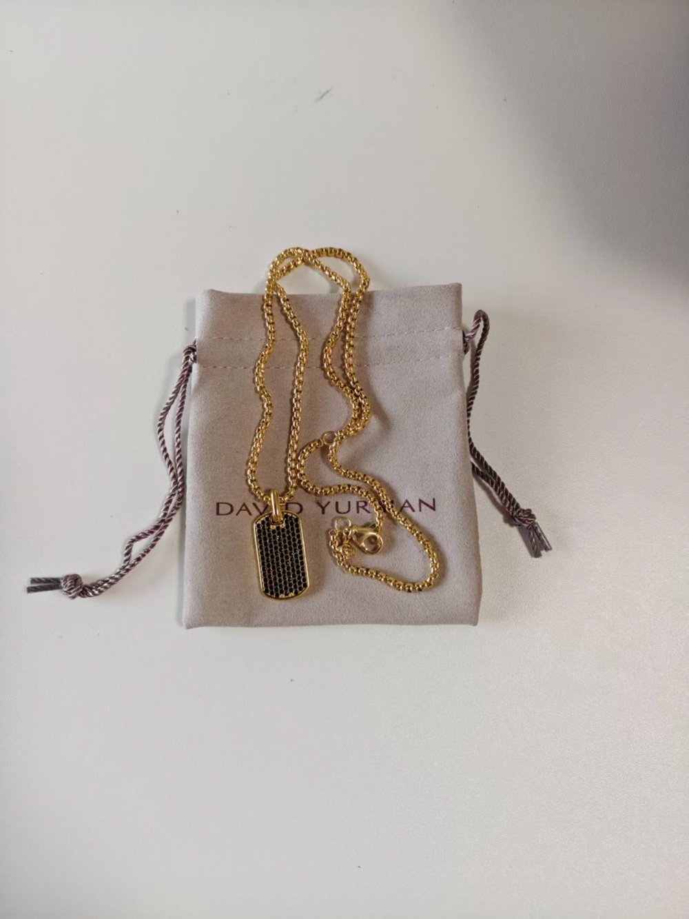 Gold Chain Necklace with Black Pavé Dog Tag Pendant
